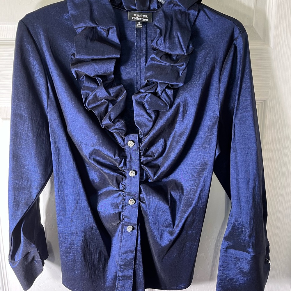 Women’s blue ruffled collar blouse.